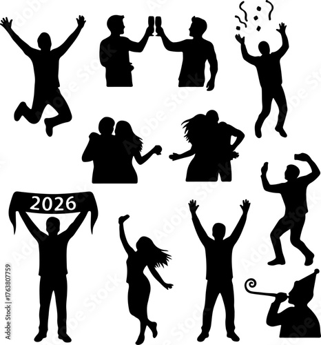 Celebration silhouettes diverse people happy new year 2026 festive joyful moments
