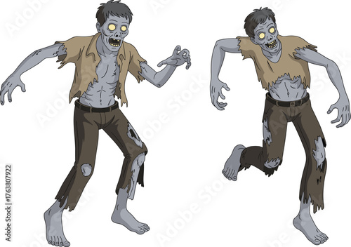Creepy zombie characters walking illustration, undead monster design, horror cartoon vector, spooky Halloween night creature, scary apocalypse undead art, Halloween concept