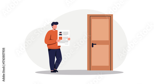 Person holding document in front of closed door in flat design