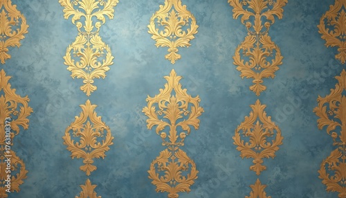 Ornate damask patterns in gold against a sky blue backdrop. Sophisticated design element for invitation or wallpaper. Vintage floral texture. Royal aesthetic for textile print and decorative surface.