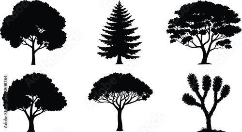 Different tree silhouette vector collection, black tree shapes isolated on white background, natural forest plant illustration, park landscape design element