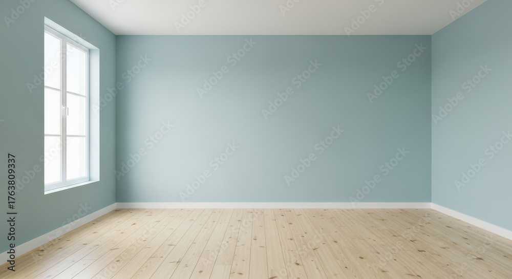 Fototapeta premium Empty room with light blue walls, wooden floor and window with natural light
