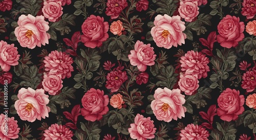 Floral pattern featuring pink and red roses with green foliage on a dark background