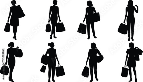Fashionable women shopping silhouettes with bags, stylish female shopper vector illustration in black and white design for retail and lifestyle concept