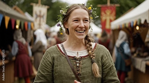 Wallpaper Mural Young woman wearing a flower wreath and period dress beams with joy at an outdoor market. Torontodigital.ca