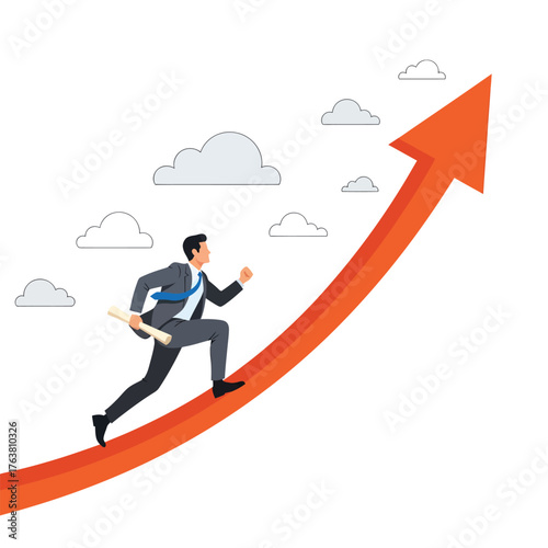Businessman running up an upward trending arrow
