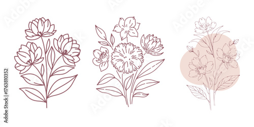 Elegant floral line art design featuring three distinct flower arrangements