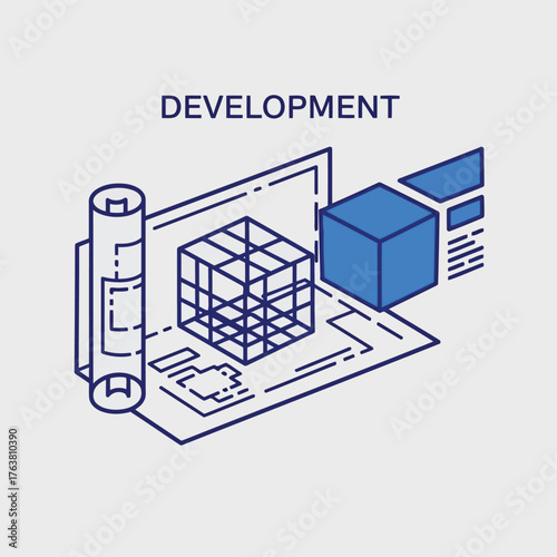 Vector illustration of isometric illustration of software development process, featuring a blueprint, a cube, and code snippets, showcasing the stages of creating digital solutions