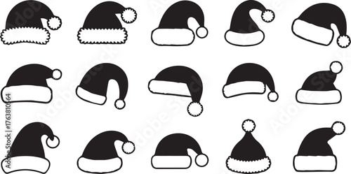 Collection of Black and White Santa Hats, Holiday Season Art, Festive Graphics