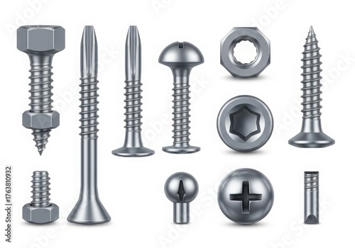 Collection of various metal fasteners and hardware on a white background