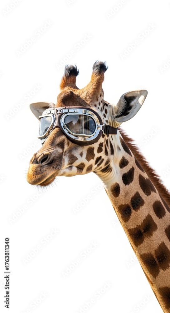 Obraz premium giraffe wearing goggles on it's head on a solid white background