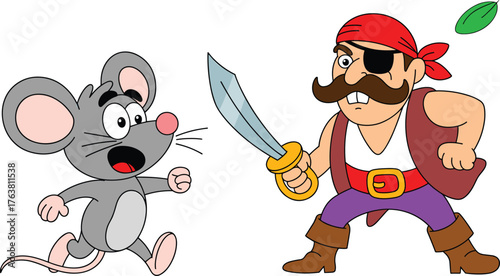 Funny cartoon scene of scared mouse running away from angry pirate with sword, cute animal and human character vector illustration design