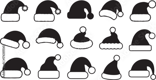 Diverse Black and White Santa Hat Silhouettes Holiday Headwear, Christmas Apparel, and Winter Festive Decorations