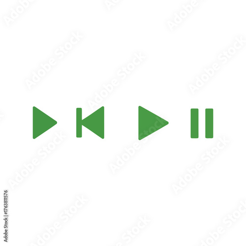 Green media player controls play pause skip forward rewind icons isolated vector