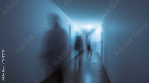 Blurry spectral figures haunt a dim corridor, evoking Samhain whispers, Dia de los Muertos shadows, spectral mystery