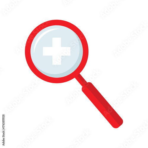 Magnifying glass focuses on plus sign zooming in discovering medical solution vector