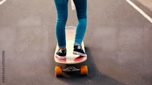 Skateboarder skateboarding on street. Feet of skateboard