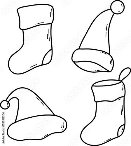 Vector lineart illustration of multiple Christmas stockings and Santa hats with ribbons and small stars, clean commercial flat style, for banner and greeting cards. Vector illustration