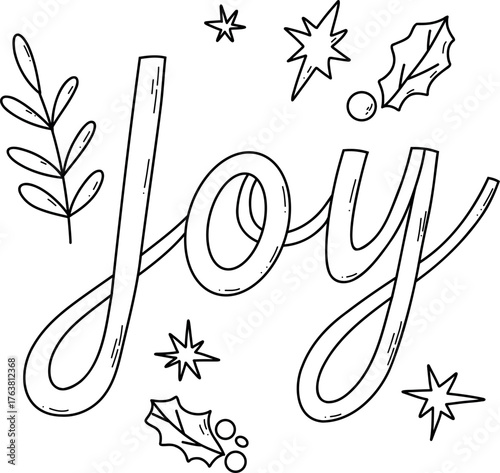Мector illustration of Joy in playful hand-lettering, decorated with tiny stars and holly leaves. Perfect for banner and greeting cards. Vector illustration