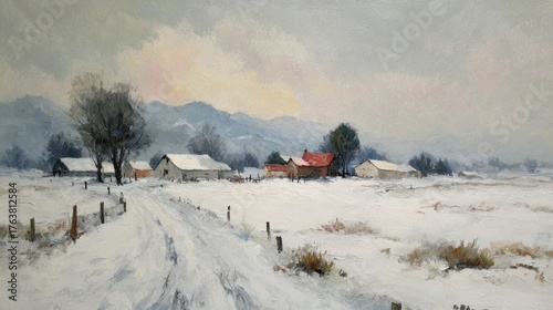 oil painting snowy mountain village