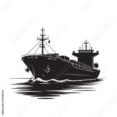 Silhouette of a cargo ship isolated on white background, a symbol of global trade and maritime transport industry