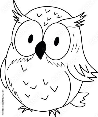 A vector children coloring page with owl drawn in soft friendly outlines, minimal composition, large clear spaces for coloring, perfect for kids print materials. Vector illustration
