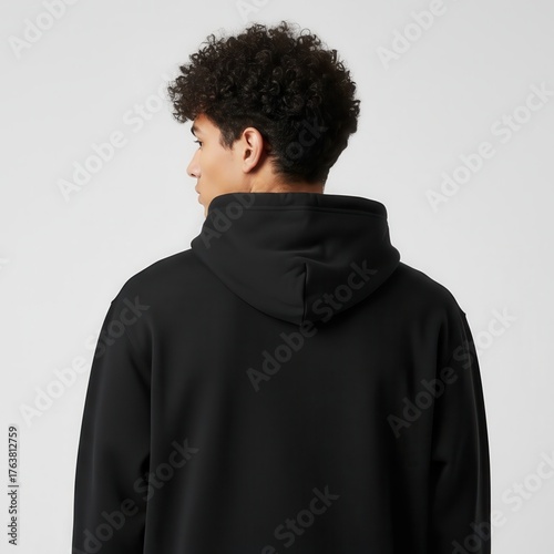 A young man with curly hair wearing a black hoodie, seen from behind against a plain background