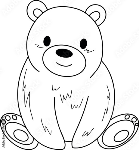 A vector children coloring page with bear drawn in soft friendly outlines, minimal composition, large clear spaces for coloring, perfect for kids print materials. Vector illustration