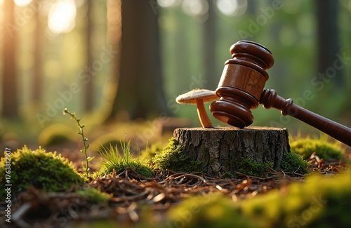 Wooden gavel rests on a tree stump in a forest setting. A mushroom grows nearby. Concept of environmental law. Nature protection displayed in image. Legal and ecological theme.