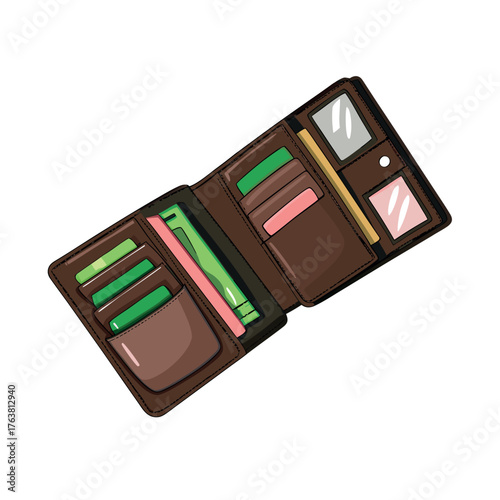 Wallet's Treasures: A detailed illustration of an open wallet. Showcasing compartments filled with cards and cash.