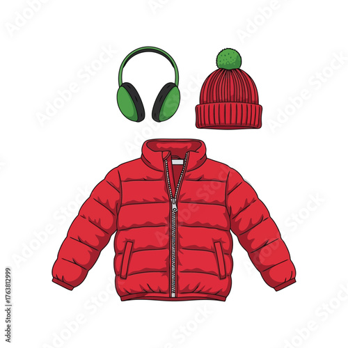 Winter clothing set red puffer jacket warm hat earmuffs for cold weather outdoor activities vector