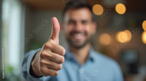 Smiling man giving thumbs up for good service.