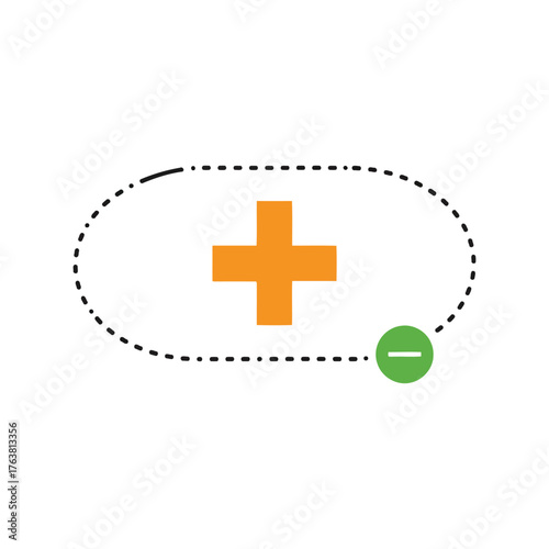 Orange plus sign inside dotted oval with green minus icon symbolizing choice vector