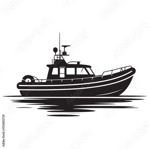 Silhouette of a coast guard boat isolated on white background, a symbol of maritime safety and search and rescue operations at sea