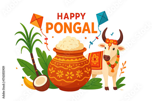 Happy Pongal festival illustration with decorated cow, sugarcane, clay pot of rice, coconut, banana, and colorful kites, isolated on white background