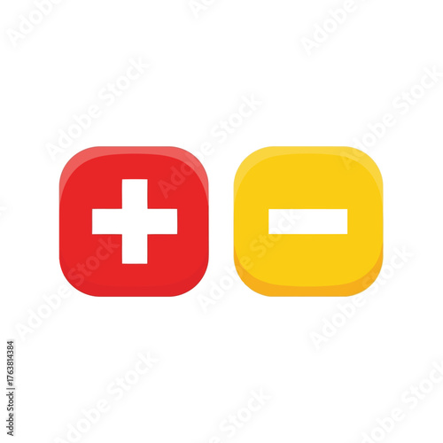 Red plus and yellow minus symbols rounded square buttons icons for choices and decisions vector