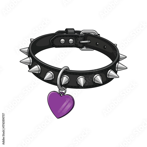 Punk rock spiked leather dog collar with purple heart charm pet accessory vector