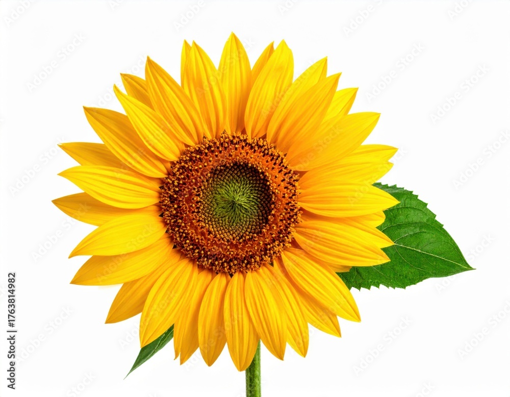 Fototapeta premium A single sunflower with bright yellow petals and a green center, isolated against a white background.