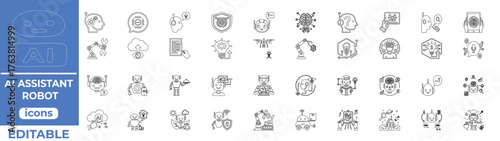 Clean editable line art robot icons for AI assistant, chatbot and automation design in tech, service and interface industries.
