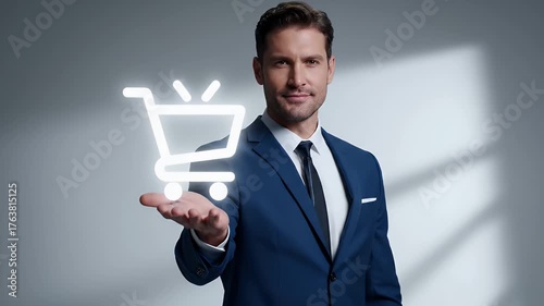 Confident Man in Blue Suit Holding Glowing Shopping Cart Icon in Palm Against Soft White Gray Gradient Background with Window Lighting Effect