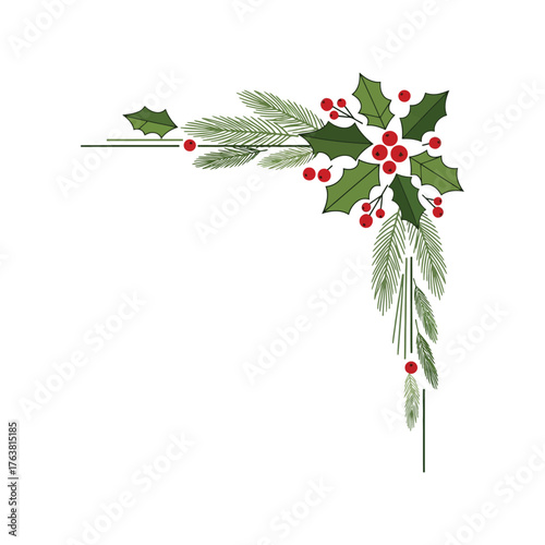 Festive christmas holly pine sprig corner accent festive greeting card design element vector