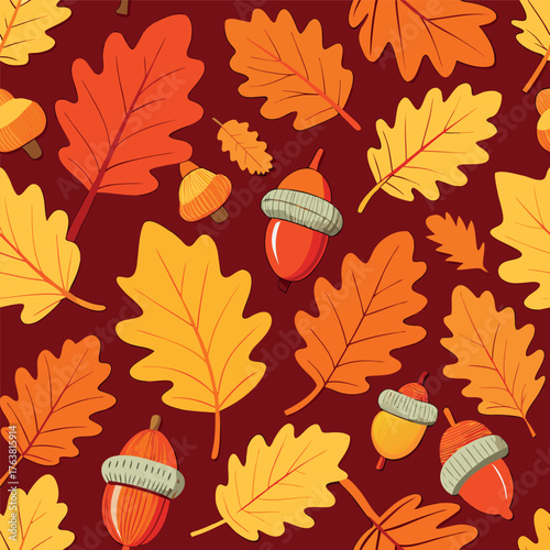 Autumn pattern with colorful leaves and acorns on a warm background