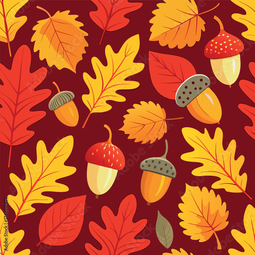 Autumn pattern with colorful leaves and acorns on a warm background