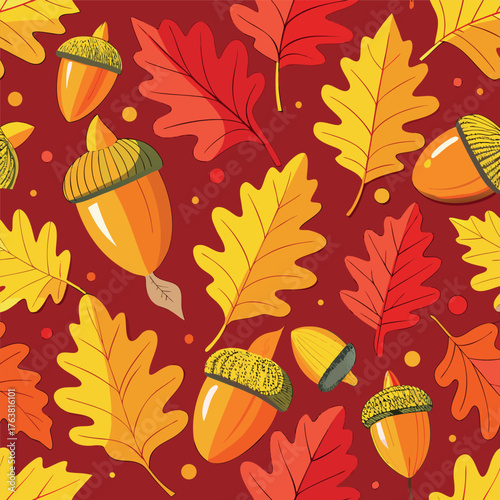 Autumn pattern with colorful leaves and acorns on a warm background