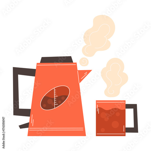 Boiling electric kettle next to cup of hot beverage for cozy tea break