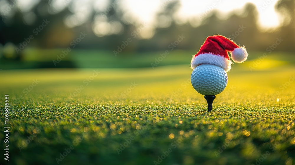 Fototapeta premium White golf ball wearing a Santa Claus hat resting on a red tee on a green golf course on a sunny Christmas day, celebrating the festive season with a touch of sportsmanship.. Copy space. Banner