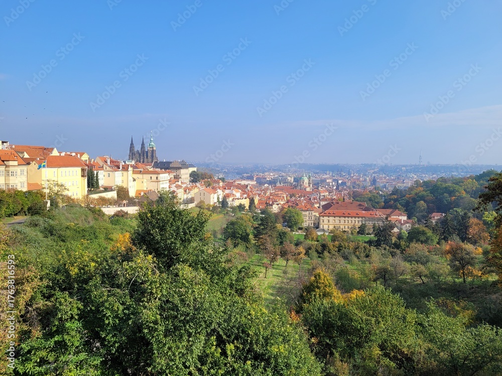 Fototapeta premium Panoramic view of Prague from viewpoint near Strahov Monastery. 