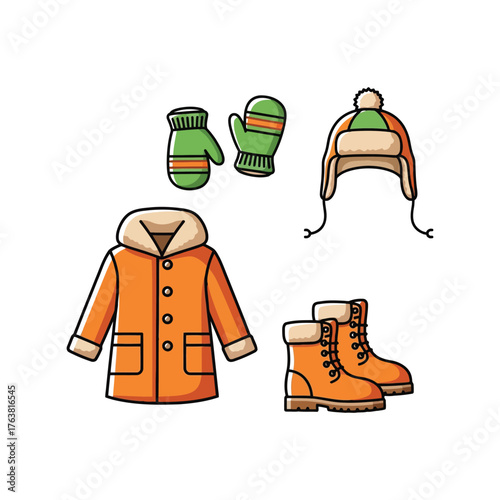 Cozy winter clothing set orange parka boots hat mittens children's outdoor gear collection vector