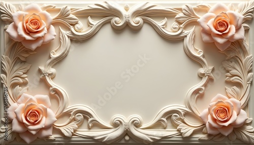 Beige background features ornate roses, floral carvings. Elegant design with swirls, leaves. Classic aesthetic suited for luxury goods branding, beauty product packaging. Decorative frame works well