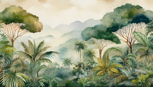watercolor pattern wallpaper painting of a jungle landscape in vintage retro style